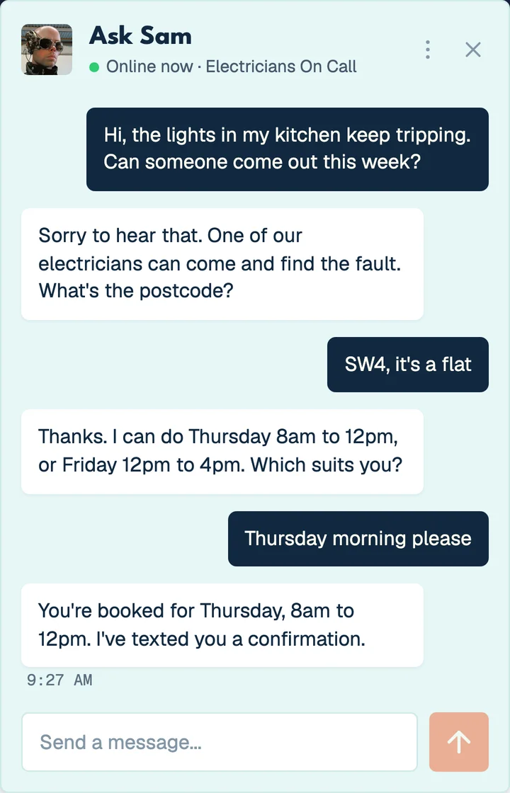 Sam on the website chat, shown with an example conversation: a customer reports lights tripping, gives their postcode, and books a Thursday morning visit.