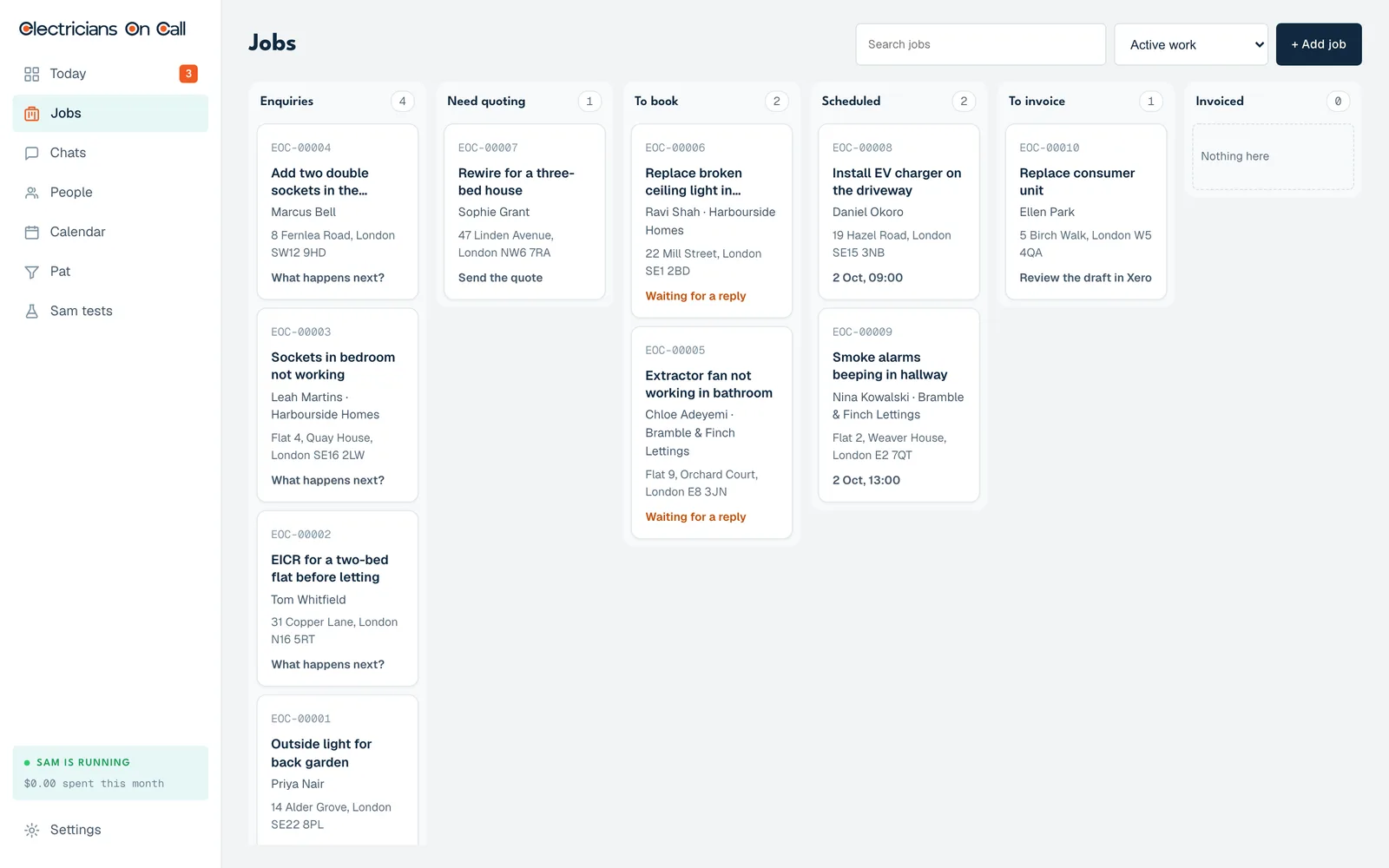 The Electricians On Call jobs board, shown with example data: job cards in columns from enquiries through to invoiced.