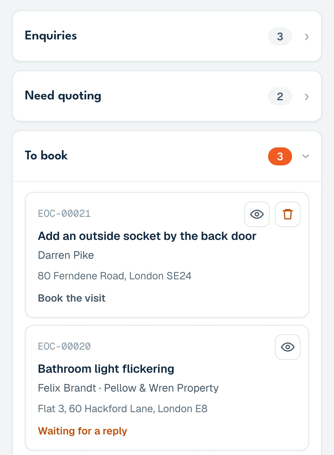 The jobs board on a phone, shown with example data. Stages for enquiries, quoting and booking, and two job cards that each show their next step.