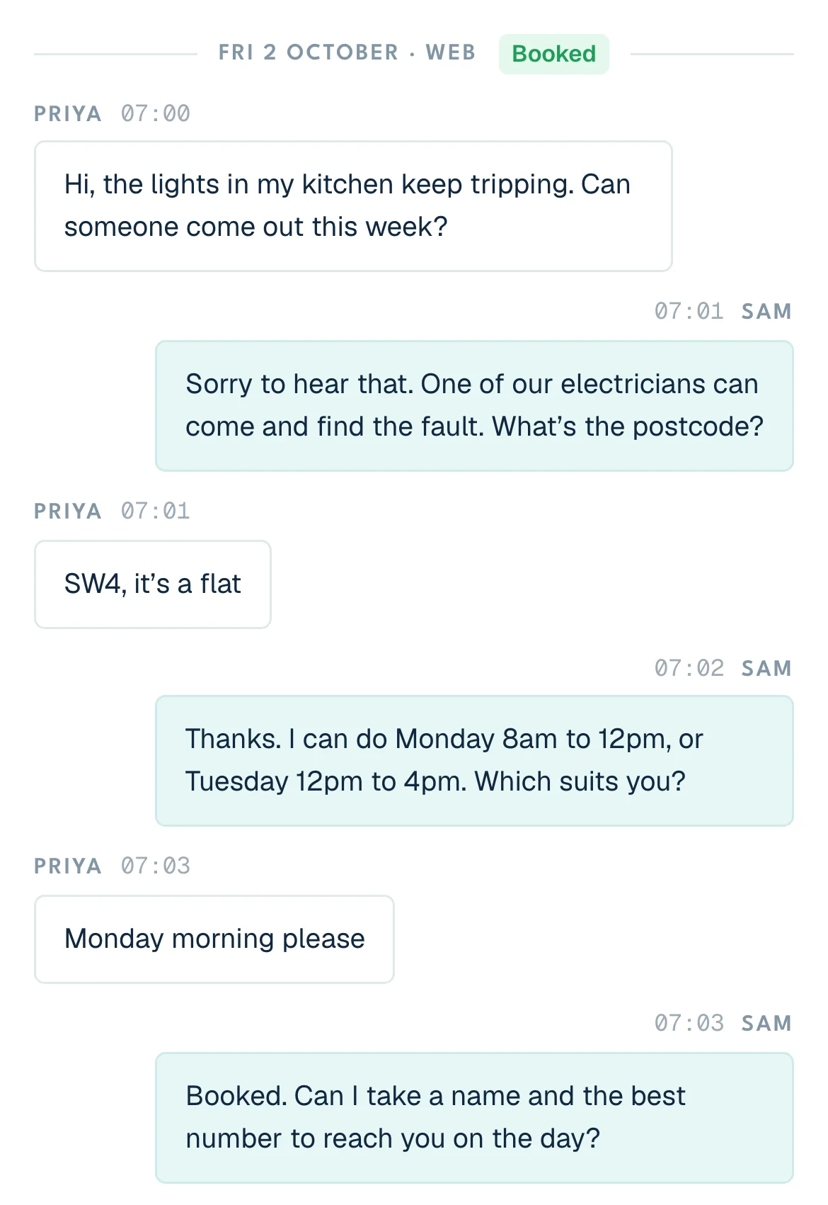 Sam answering a customer on the website chat, shown with example data. The customer says their kitchen lights keep tripping. Sam asks for the postcode, offers two times and books Monday morning.