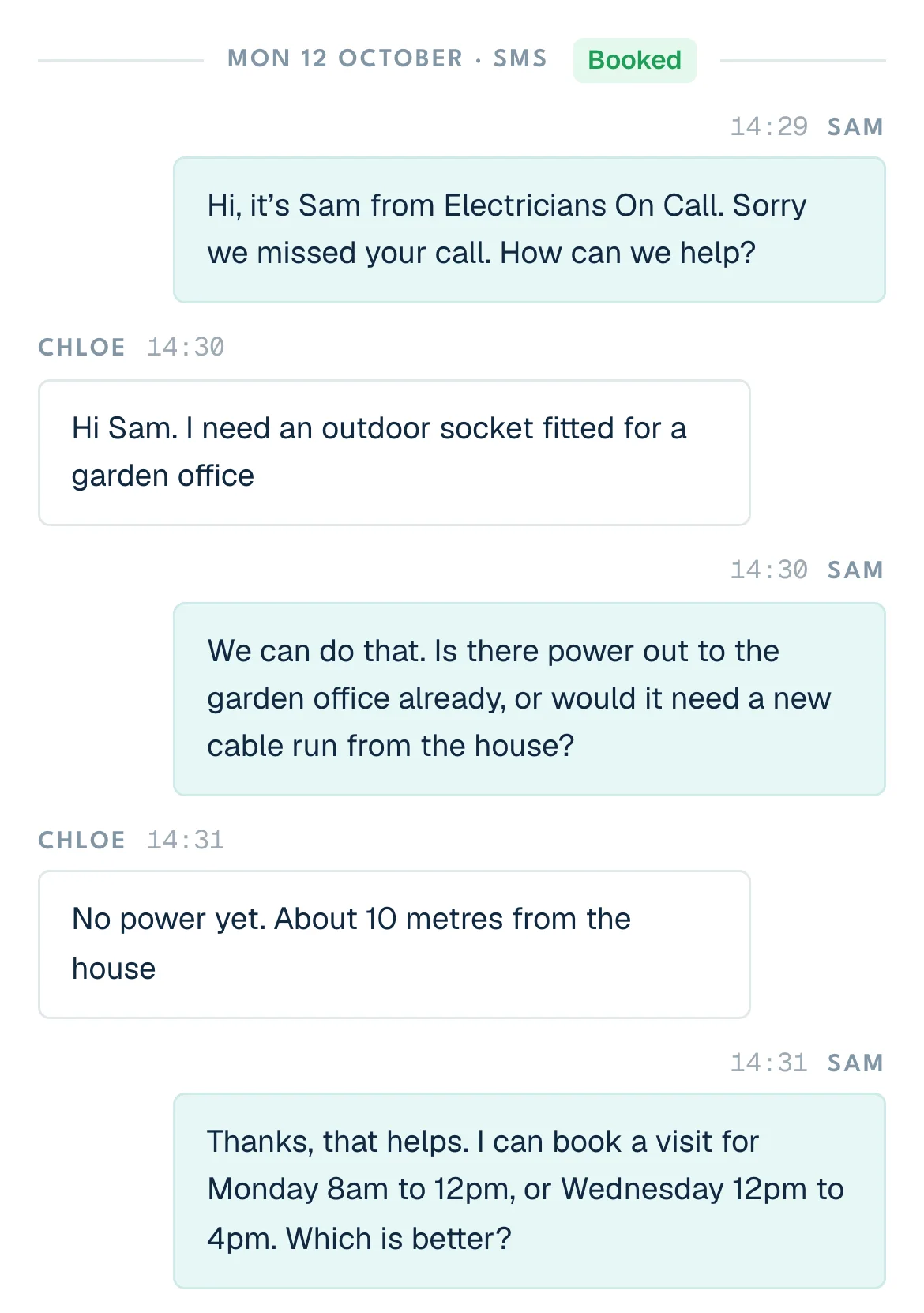 A text conversation, shown with example data. Sam texts a caller to say sorry we missed your call. The caller asks for an outdoor socket, and Sam offers two times for a visit.