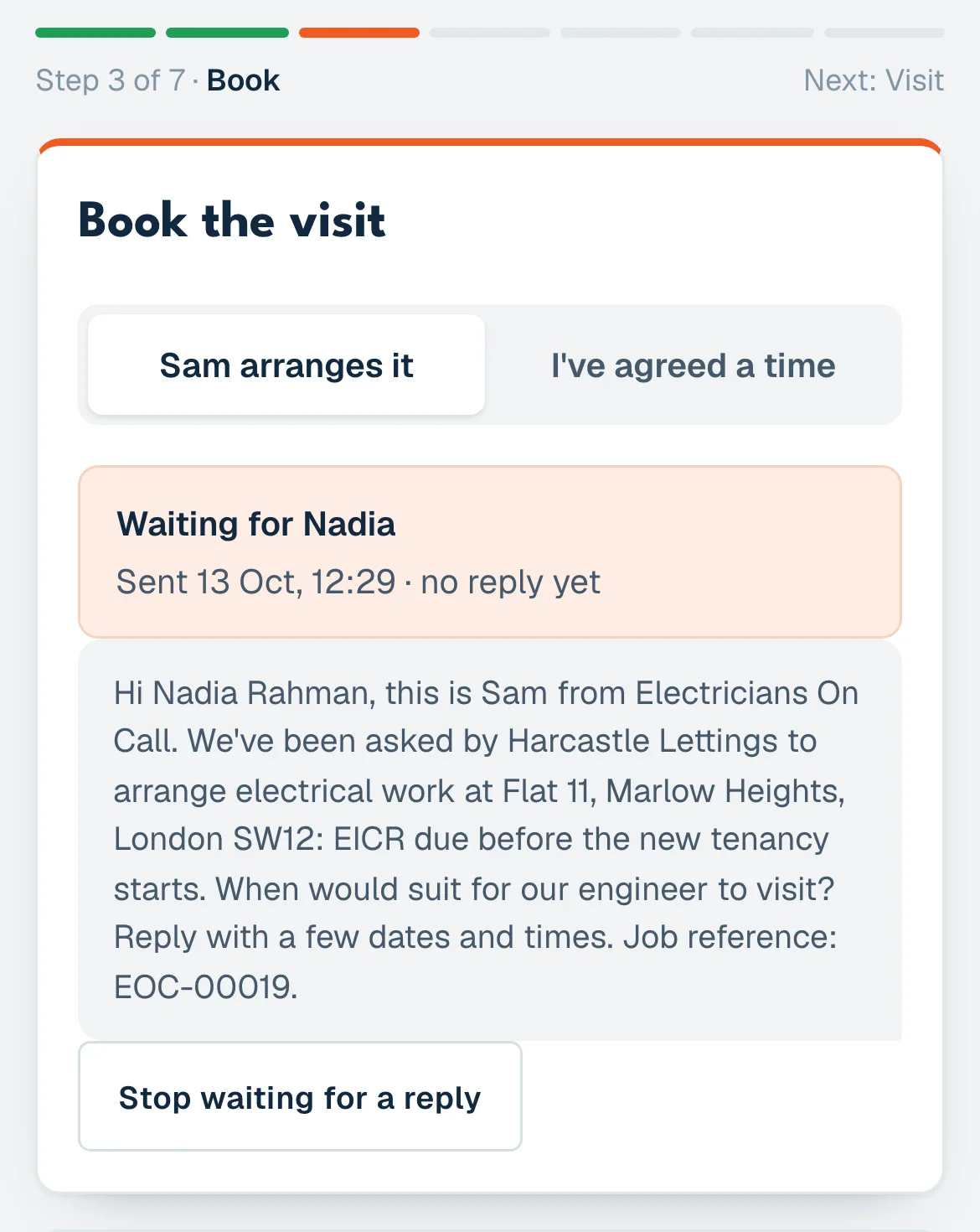 A letting-agent job, shown with example data. The message to the tenant names the letting agent who asked for the work and asks when the engineer can visit, and the job is marked as waiting for a reply.